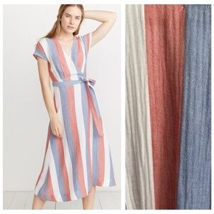 Marine Layer Striped Wrap Midi Dress in White, Coral & Blue